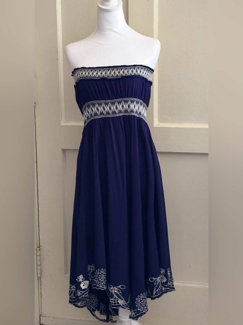 Strapless Navy Blue Embroidered Midi Dress